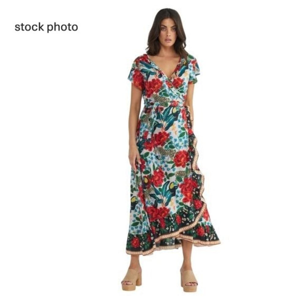 Talisman Toledo Floral V-Neck Ruffle Palm Springs Boho Cotton Wrap Dress XL New